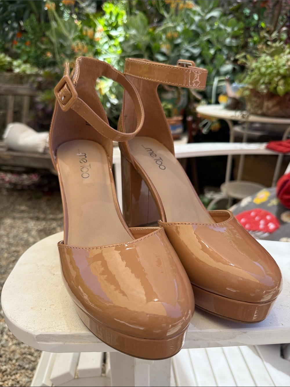 me too Patent Platform Ankle-Strap Heels in Tan